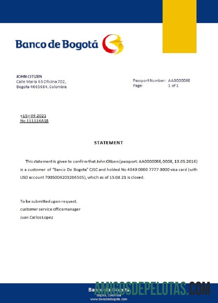Referência de fechamento do Banco De Bogotá da Colômbia exemplo